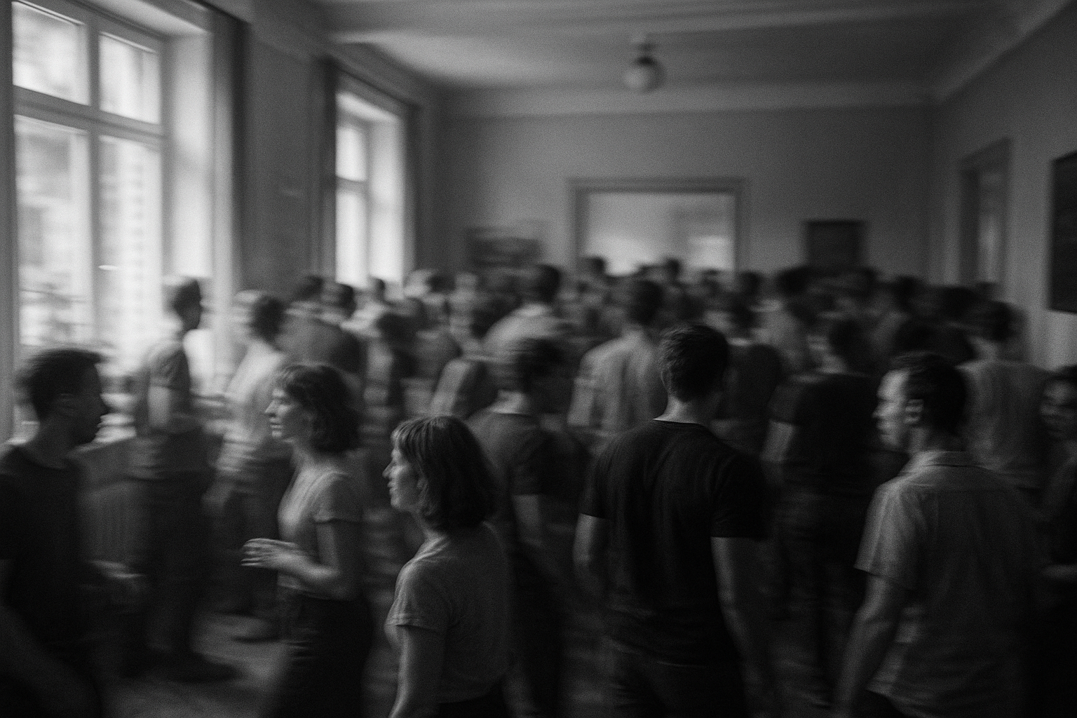 room full of people with a slight moving effect to it in black and white